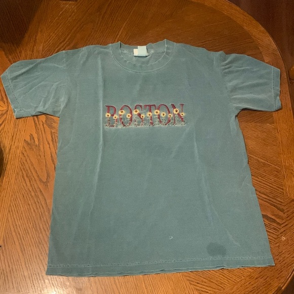 Vintage Sunflower Embroidered Distressed Faded BOSTON T Shirt Grunge Green M - Picture 1 of 5
